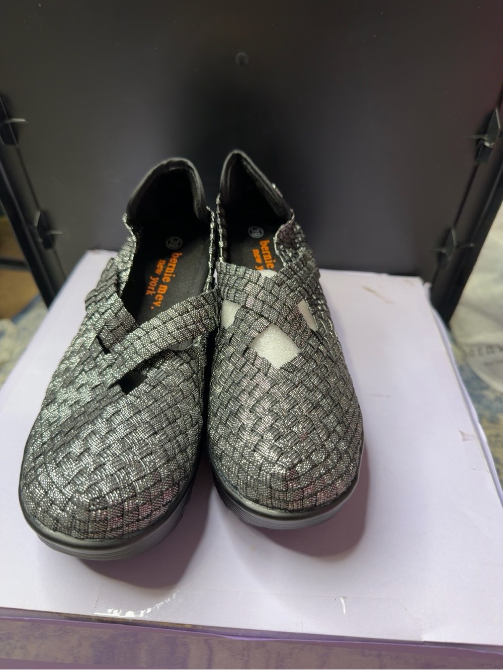 bernie mev. Women’s Metallic Woven Slip-On Wedges — Silver